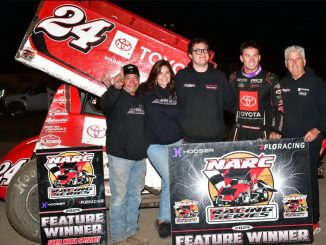 Chase Johnson with his family and crew in victory lane after winning Saturday at Santa Maria Speedway with the Northern Auto Racing Club. (Image courtesy of NARC)