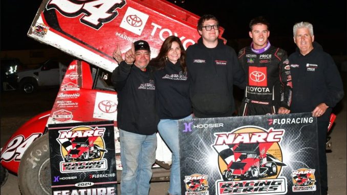 Chase Johnson with his family and crew in victory lane after winning Saturday at Santa Maria Speedway with the Northern Auto Racing Club. (Image courtesy of NARC)