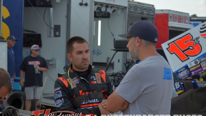 David Gravel having a discussion before the Jokers Jackpot at Eldora Speedway on Thursday. (T.J. Buffenbarger Photo)
