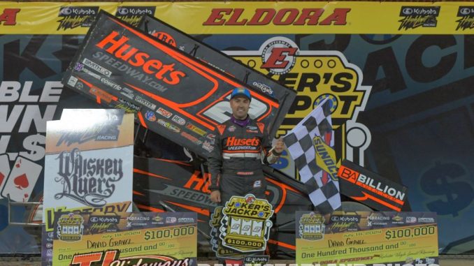 David Gravel in victory lane after winning the Jokers Jackpot with the High Limit Sprint Car Series at Eldora Speedway. (Dan McFarland Photo)