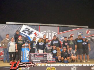 Rico Abreu with family, crew, and supporters in victory lane Friday night at Eldora Speedway. (T.J. Buffenbarger Photo)