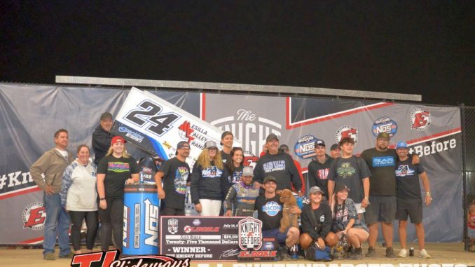 Rico Abreu with family, crew, and supporters in victory lane Friday night at Eldora Speedway. (T.J. Buffenbarger Photo)