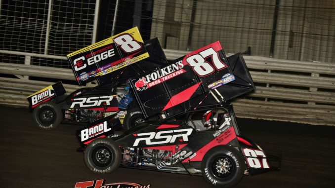 Teammates Corey Eliason (#8) and Aaron Reutzel (87) are both entered in the 360 Knoxville Nationals this week. (Mark Funderburk Photo)