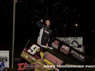 Kyle Schuett in victory lane with the Midwest Open Wheel Association at Spoon River Speedway. (Mark Funderburk Photo)