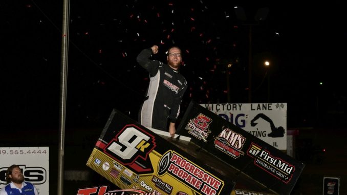 Kyle Schuett in victory lane with the Midwest Open Wheel Association at Spoon River Speedway. (Mark Funderburk Photo)