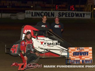 Parker Jones after his clean sweep of the Midwest Auto Racing Association program Friday at Lincoln Speedway. (Mark Funderburk photo)