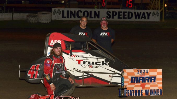 Parker Jones after his clean sweep of the Midwest Auto Racing Association program Friday at Lincoln Speedway. (Mark Funderburk photo)