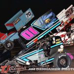 Chase Ridenour (#01), Eli Lakin (#70), and Devin Dobie (#23) racing for position Friday at Tri-City Motor Speedway. (Jim Denhamer Photo)