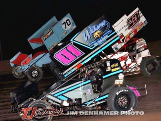 Chase Ridenour (#01), Eli Lakin (#70), and Devin Dobie (#23) racing for position Friday at Tri-City Motor Speedway. (Jim Denhamer Photo)