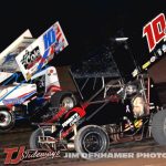 Jason Blonde (#10) racing with Jay Steinebach (#10S) Friday at Tri-City Motor Speedway. (Jim Denhamer Photo)