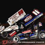 Max Frank (#38) racing with Hayden Miller (#11) Friday at Tri-City Motor Speedway. (Jim Denhamer Photos)