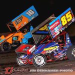 Ryan Ruhl (#16) and Dustin Daggett (#85) racing Friday at Tri-City Motor Speedway. (Jim Denhamer Photo)