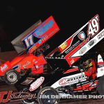 Jared Horstman #17) racing with Gregg Dalman (#49T) Friday at Tri-City Motor Speedway. (Jim Denhamer Photo)