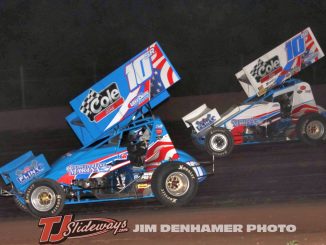 Keith Sheffer II (#10jr) racing with Jason Blonde Friday at Tri-City Motor Speedway. (Jim Denhamer Photo)