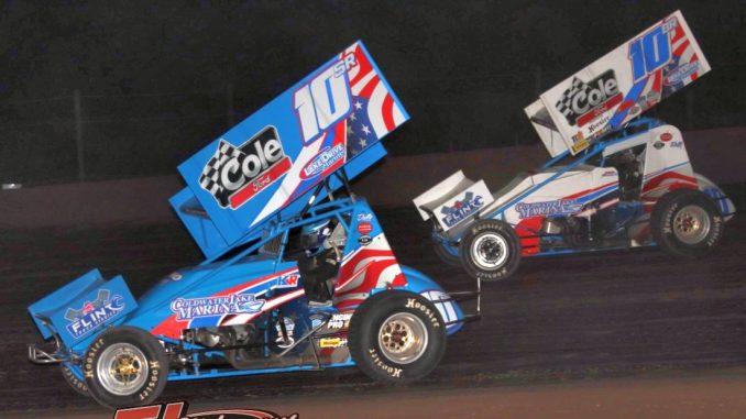 Keith Sheffer II (#10jr) racing with Jason Blonde Friday at Tri-City Motor Speedway. (Jim Denhamer Photo)