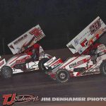 Phil Gressman (#7c) and Devon Dobie (#23) racing for position Friday at Tri-City Motor Speedway. (Jim Denhamer Photo)