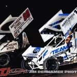 Max Frank (#38) outside of Corbin Gurley (#12) Friday at Tri-City Motor Speedway. (Jim Denhamer Photo)