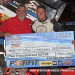 GLSS president Barry Marlow and Max Stambuagh in victory lane at Tri-City Motor Speedway. (Jim Denhamer Photo)