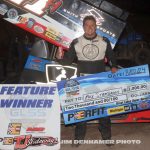 Max Stambuagh in victory lane at Tri-City Motor Speedway. (Jim Denhamer Photo)