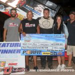 Max Stambuagh and crew in victory lane at Tri-City Motor Speedway. (Jim Denhamer Photo)