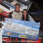 Max Stambuagh in victory lane at Tri-City Motor Speedway. (Jim Denhamer Photo)