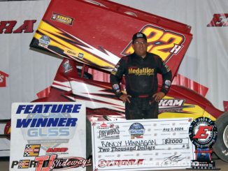 Randy Hannagan in victory lane for the second year in a row during Family Fireworks Night at Eldora Speedway with the Great Lakes Super Sprints. (Jim Denhamer Photo)