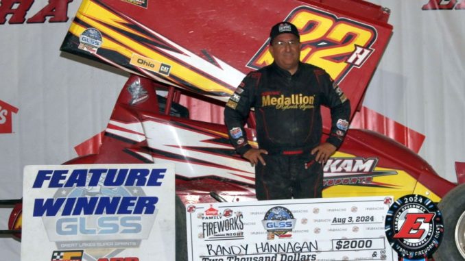 Randy Hannagan in victory lane for the second year in a row during Family Fireworks Night at Eldora Speedway with the Great Lakes Super Sprints. (Jim Denhamer Photo)