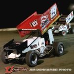 Jett Mann (#19) racing with Mike Keegan (#X) Friday at Hartford Motor Speedway. (Jim Denhamer Photo)