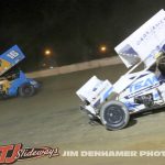 Ryan Ruhl (#16) racing with Corbin Gurley (#12) Friday at Hartford Motor Speedway. (Jim Denhamer Photo)