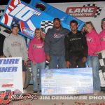 Keith Sheffer Jr. with his family in victory lane Friday at Hartford Motor Speedway. (Jim Denhamer Photo)