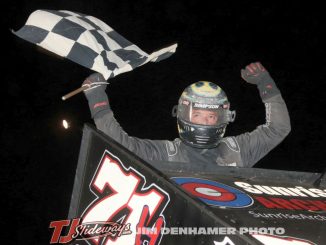 Max Stambaugh celebrates his feature victory Saturday at Silver Bullet Speedway with the Great Lakes Super Sprints. (Jim Denhamer Photo)