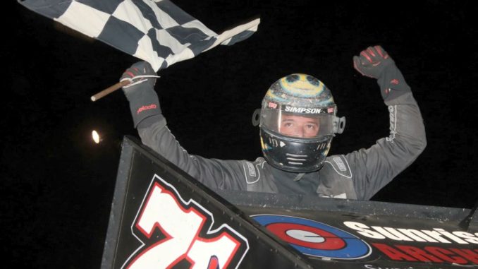 Max Stambaugh celebrates his feature victory Saturday at Silver Bullet Speedway with the Great Lakes Super Sprints. (Jim Denhamer Photo)