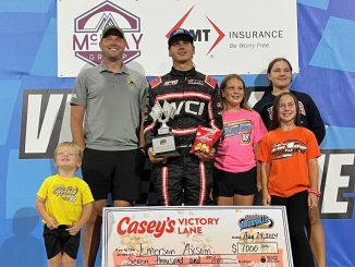 Emerson Axsom in victory lane at Knoxville Raceway. (Image courtesy of Knoxville Raceway)