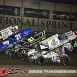 The parade lap from Thursday night of the 2024 Knoxville Nationals with Bill Balog (#17B), Carson Macedo (#41), Brady Bacon (#21) and Rico Abreu (#24). (Mark Funderburk Photo)