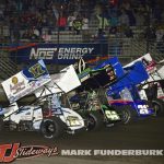 The parade lap from Thursday night of the 2024 Knoxville Nationals with Bill Balog (#17B), Carson Macedo (#41), Brady Bacon (#21) and Rico Abreu (#24). (Mark Funderburk Photo)