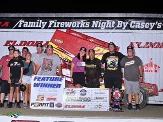 Randy Hannagan and team in victory lane at Eldora Speedway. (Mike Campbell Photo)