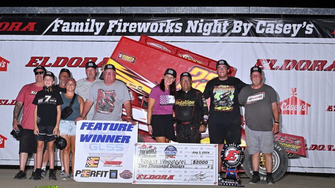 Randy Hannagan and team in victory lane at Eldora Speedway. (Mike Campbell Photo)