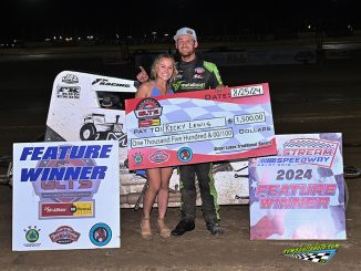 Ricky Lewis in victory lane Sunday night at Millstream Speedway. (Mike Campbell Photo)