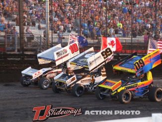 Scott Bogucki (#10), Skylar Gee (#99), and Matt Juhl (#09) during opening ceremonies Wednesday night at the Knoxville Raceway. (Mark Funderburk Photo)