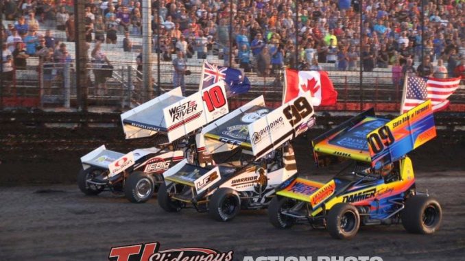 Scott Bogucki (#10), Skylar Gee (#99), and Matt Juhl (#09) during opening ceremonies Wednesday night at the Knoxville Raceway. (Mark Funderburk Photo) Scott Bogucki (#10), Skylar Gee (#99), and Matt Juhl (#09) during opening ceremonies Wednesday night at the Knoxville Raceway. (Mark Funderburk Photo)
