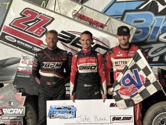 (L to R) Second place Zach Blurton, winner Jake Bubak, and third place Seth Bergman after the Harvey Ostermiller Memorial Friday at Big Sky Speedway. (Spence Smithback Photo)