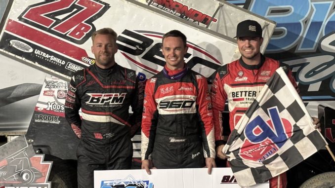 (L to R) Second place Zach Blurton, winner Jake Bubak, and third place Seth Bergman after the Harvey Ostermiller Memorial Friday at Big Sky Speedway. (Spence Smithback Photo)