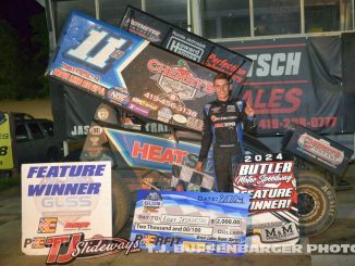 Kasey Jedrzejek in victory lane Saturday night at Butler Motor Speedway. (T.J. Buffenbarger Photo)