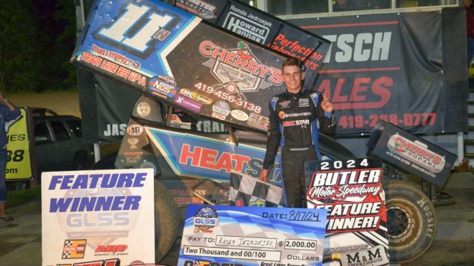 Kasey Jedrzejek in victory lane Saturday night at Butler Motor Speedway. (T.J. Buffenbarger Photo)