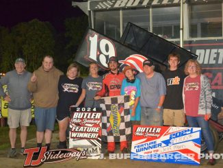 Jett Mann with his family and crew in victory lane Saturday night at Butler Motor Speedway. (T.J. Buffenbarger Photo)