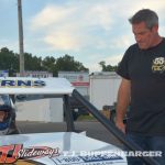 Crew chief Kevin Besecker looking over Taylor Ferns entry before qualifying at Kalamazoo Speedway. (T.J. Buffenbarger Photo)