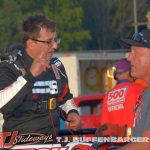 Tim Creech debriefing with his crew after qualifying at Kalamazoo Speedway. (T.J. Buffenbarger Photo)