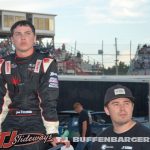 Jake Trainor and his car owner Matt Seymour watching qualifying at Kalamazoo Speedway. (T.J. Buffenbarger Photo)