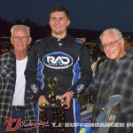 (L to R) Don Kenyon, feature winner Ryan Huggler, and Mel Kenyon after winning the USSA Kenyon Midget feature Friday night at Kalamazoo Speedway. (T.J. Buffenbarger Photo)