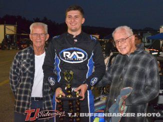 (L to R) Don Kenyon, USSA Kenyon Midget feature winner Ryan Huggler, and Mel Kenyon after Friday night's feature at Kalamazoo Speedway. (T.J. Buffenbarger Photo)